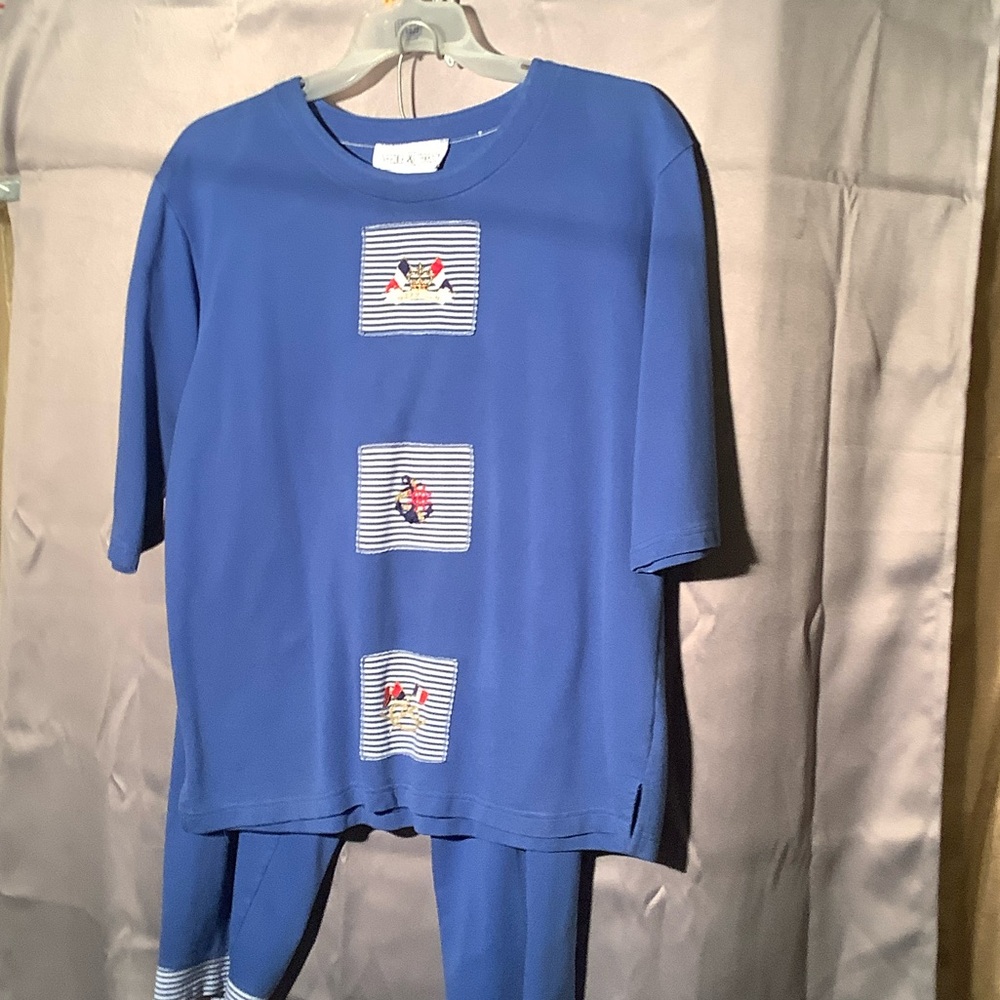 Needle & Thread Blue Cropped Jumpsuit with Striped Patch Embroidery